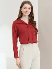Satin Tie Neck Long Sleeve Solid Color Elegant Office Work Shirt Top
