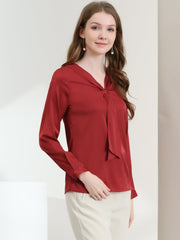 Satin Tie Neck Long Sleeve Solid Color Elegant Office Work Shirt Top