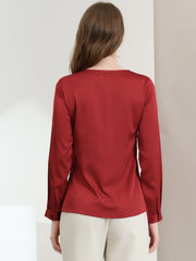 Satin Tie Neck Long Sleeve Solid Color Elegant Office Work Shirt Top