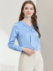 Satin Tie Neck Long Sleeve Solid Color Elegant Office Work Shirt Top