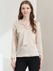 Satin Tie Neck Long Sleeve Solid Color Elegant Office Work Shirt Top