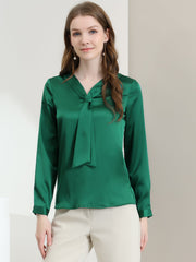 Satin Tie Neck Long Sleeve Solid Color Elegant Office Work Shirt Top