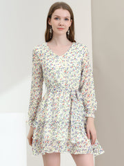 Long Sleeve V Neck Elastic Waist Ruffle Hem Chiffon Floral Dress