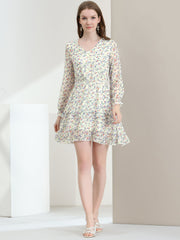 Long Sleeve V Neck Elastic Waist Ruffle Hem Chiffon Floral Dress