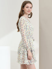 Long Sleeve V Neck Elastic Waist Ruffle Hem Chiffon Floral Dress
