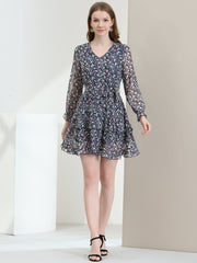 Long Sleeve V Neck Elastic Waist Ruffle Hem Chiffon Floral Dress