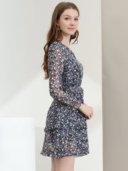 Long Sleeve V Neck Elastic Waist Ruffle Hem Chiffon Floral Dress