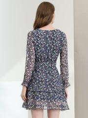 Long Sleeve V Neck Elastic Waist Ruffle Hem Chiffon Floral Dress