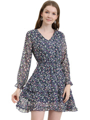 Long Sleeve V Neck Elastic Waist Ruffle Hem Chiffon Floral Dress