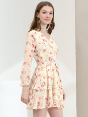 Long Sleeve V Neck Elastic Waist Ruffle Hem Chiffon Floral Dress