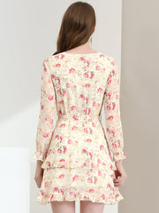 Long Sleeve V Neck Elastic Waist Ruffle Hem Chiffon Floral Dress