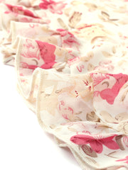Long Sleeve V Neck Elastic Waist Ruffle Hem Chiffon Floral Dress