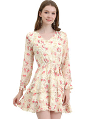 Long Sleeve V Neck Elastic Waist Ruffle Hem Chiffon Floral Dress
