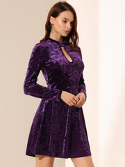 Keyhole Neck High Waist Long Sleeve Velvet Swing Mini Dress
