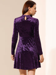 Keyhole Neck High Waist Long Sleeve Velvet Swing Mini Dress