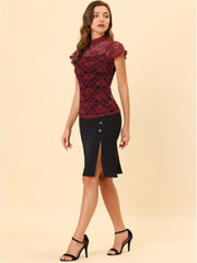 Elegant Floral Lace Short Sleeve Keyhole Back Fitted Blouse