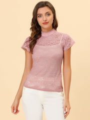 Elegant Floral Lace Short Sleeve Keyhole Back Fitted Blouse