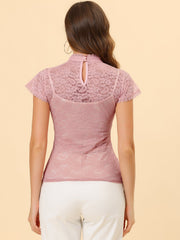 Elegant Floral Lace Short Sleeve Keyhole Back Fitted Blouse