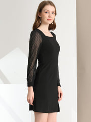 Elegant Mesh Sleeve Split Side A-Line Casual Square Neck Dress