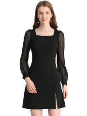 Elegant Mesh Sleeve Split Side A-Line Casual Square Neck Dress