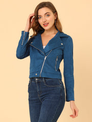 Casual Short Soft Zip Up Faux Suede Biker Moto Jacket