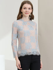 Lace Long Sleeve Ruffle Stand Neck Floral Blouse