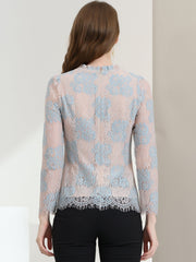 Lace Long Sleeve Ruffle Stand Neck Floral Blouse