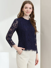 Lace Long Sleeve Ruffle Stand Neck Floral Blouse