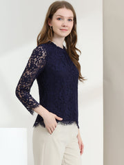 Lace Long Sleeve Ruffle Stand Neck Floral Blouse