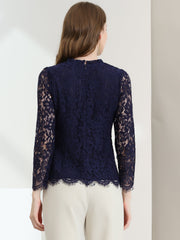Lace Long Sleeve Ruffle Stand Neck Floral Blouse