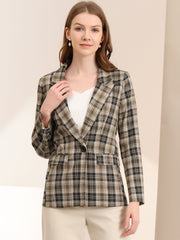 Plaid Notched Lapel One Button Houndstooth Blazer Jacket