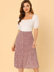 Floral Peasant Elastic Waist A-Line Ditsy Leave Midi Skirt