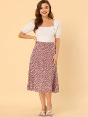 Floral Peasant Elastic Waist A-Line Ditsy Leave Midi Skirt