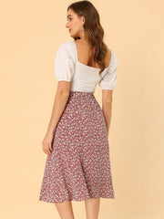 Floral Peasant Elastic Waist A-Line Ditsy Leave Midi Skirt