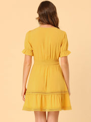 Boho Puff Sleeve V Neck Smocked Waist Ruffled Tiered Dress
