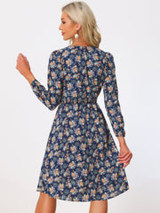 Floral Print V-Neck Long Sleeve Smocked Waist Midi Dress
