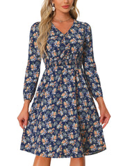 Floral Print V-Neck Long Sleeve Smocked Waist Midi Dress
