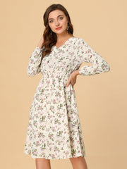 Floral Print V-Neck Long Sleeve Smocked Waist Midi Dress
