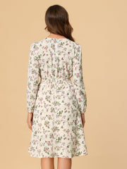 Floral Print V-Neck Long Sleeve Smocked Waist Midi Dress