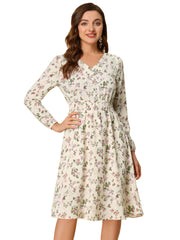 Floral Print V-Neck Long Sleeve Smocked Waist Midi Dress