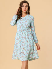 Floral Print V-Neck Long Sleeve Smocked Waist Midi Dress