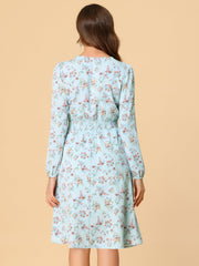 Floral Print V-Neck Long Sleeve Smocked Waist Midi Dress