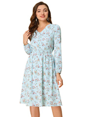 Floral Print V-Neck Long Sleeve Smocked Waist Midi Dress