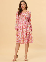 Floral Print V-Neck Long Sleeve Smocked Waist Midi Dress