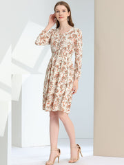 Floral Print V-Neck Long Sleeve Smocked Waist Midi Dress