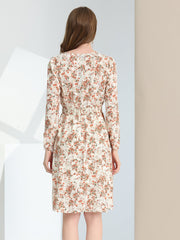 Floral Print V-Neck Long Sleeve Smocked Waist Midi Dress