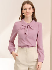 Peter Pan Collar Chiffon Bow Tie Neck Puff Sleeve Button Blouse