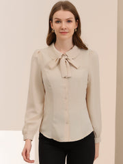 Peter Pan Collar Chiffon Bow Tie Neck Puff Sleeve Button Blouse