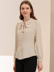 Peter Pan Collar Chiffon Bow Tie Neck Puff Sleeve Button Blouse