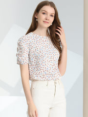 Floral Crew Neck Ruched Sleeve Casual Blouse